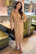 Camel Button Front Tie Shirt Midi Dress