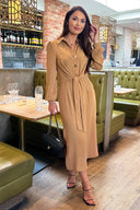 Camel Button Front Tie Shirt Midi Dress