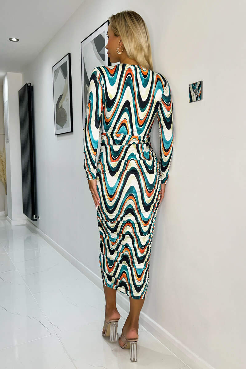 Multi Wave Print Bodycon Midi Dress