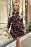 Multi Print Long Sleeve Tie Waist Collared Skater Dress