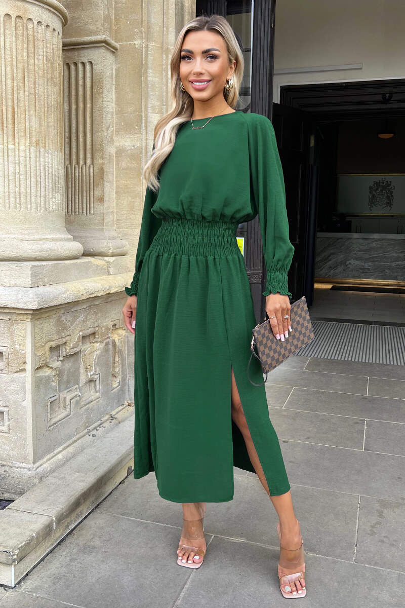 chinese dress ladies Teal Long Sleeve Shirred Detail Midi Dress – AX Paris US