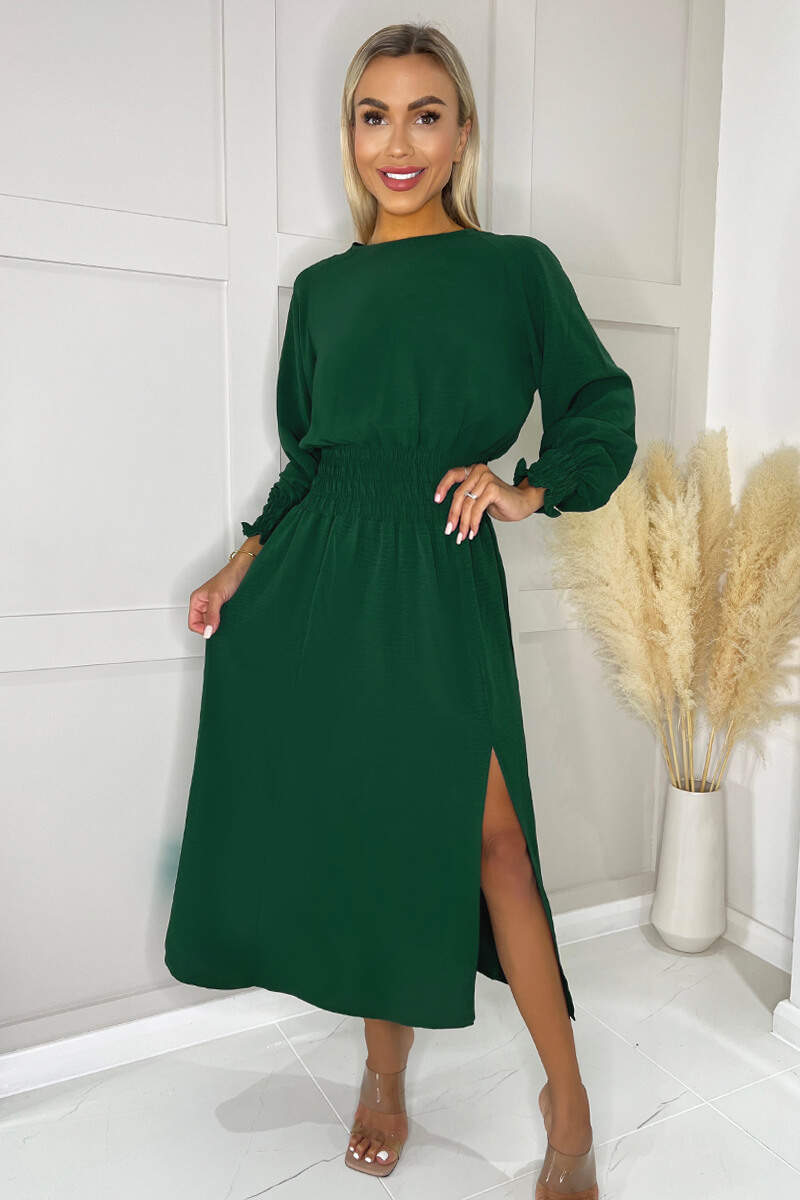 Teal Long Sleeve Shirred Detail Midi Dress