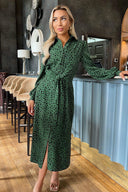 Teal Printed Tie Waist Button Front Shirt Midi Dress