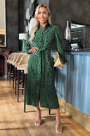 Teal Printed Tie Waist Button Front Shirt Midi Dress