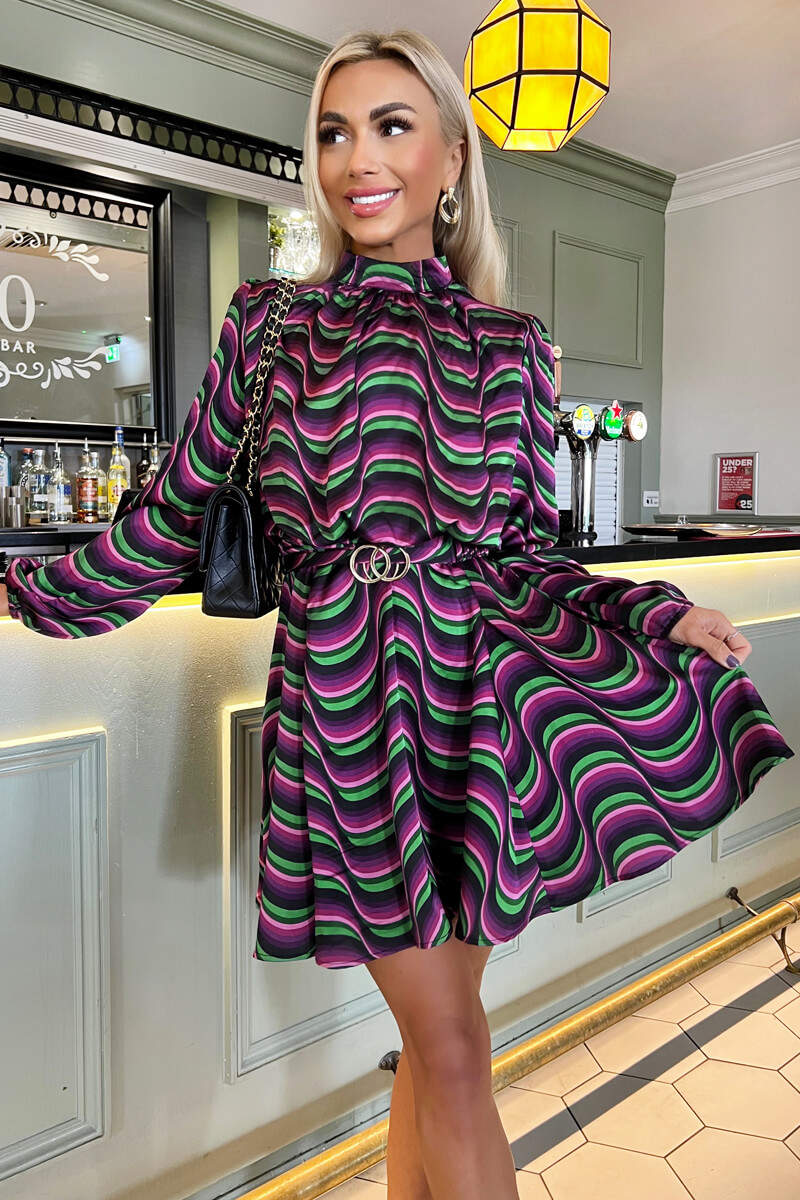 Multi Print Long Sleeve High Neck Belted Skater Dress