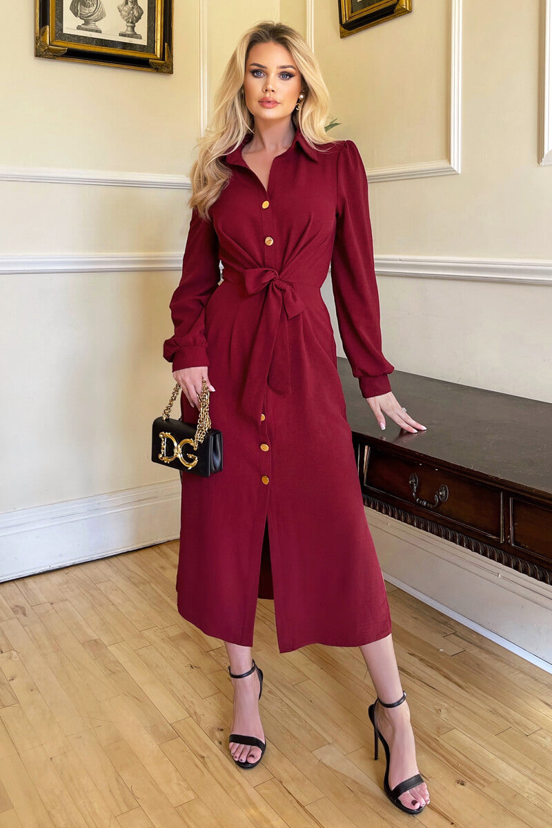 Wine Button Front Tie Shirt Midi Dress