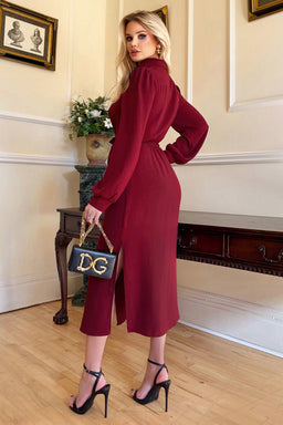 Wine Button Front Tie Shirt Midi Dress