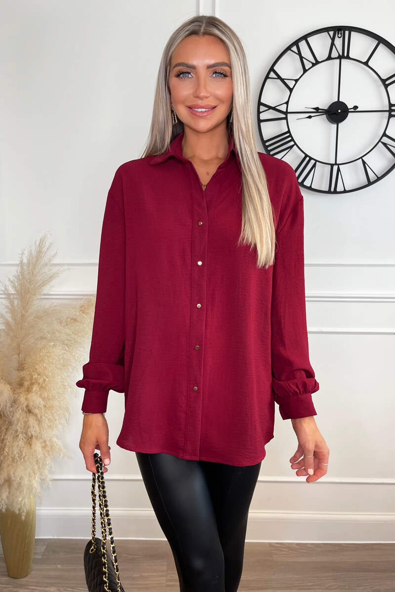 Wine Long Sleeve Gold Button Front Shirt