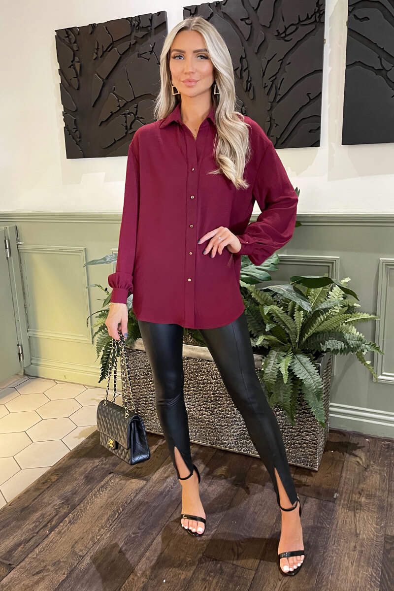 Wine Long Sleeve Gold Button Front Shirt