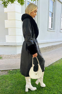 Black Faux Fur Trim Leather Look Long Coat