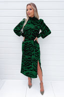 Green Animal Print High Neck Long Sleeve Midi Dress