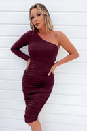 Plum One Sleeve Ruched Bodycon Midi Dress