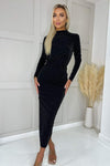 Black Sparkly Long Sleeve Ruched Bodycon Midi Dress