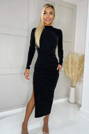 Black Sparkly Long Sleeve Ruched Bodycon Midi Dress