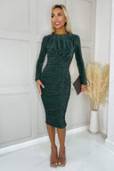 Teal Glitter Long Sleeve Ruched Bodycon Dress