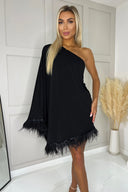 Black One Shoulder Batwing Sleeve Faux Feather Hem Dress