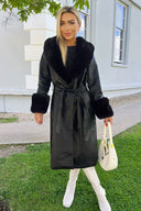 Black Faux Fur Trim Leather Look Long Coat