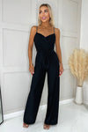 Black Cowl Neck Rhinestone Straps Belted Jumpsuit