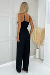 Black Cowl Neck Rhinestone Straps Belted Jumpsuit