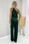 Teal Velvet One Shoulder Frill Belted Jumpsuit