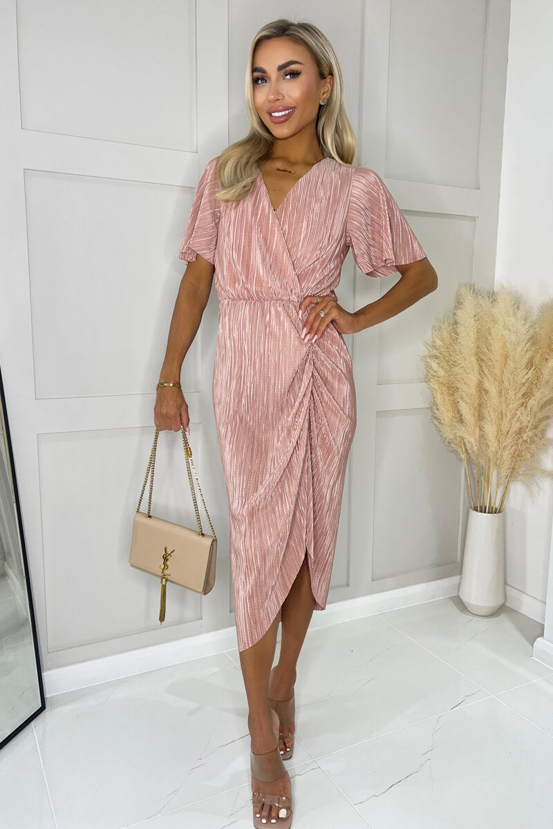 Champagne Wrap Top Short Sleeve Plisse Gathered Midi Dress AX Paris US Champagne Wrap Top Short Sleeve Plisse Gathered Midi Dress AX Paris US