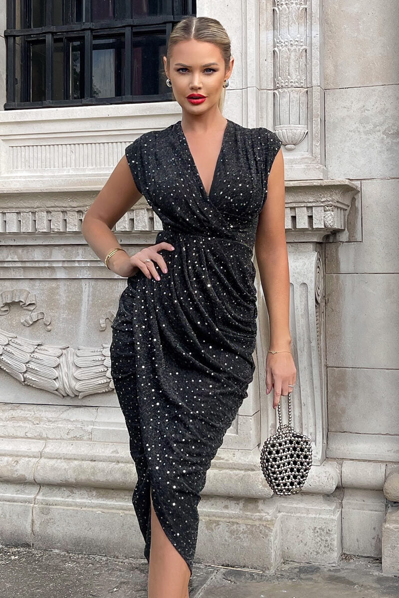 Black Glitter Wrap Draped Midi Dress AX Paris US Black Glitter Wrap Draped Midi Dress AX Paris US