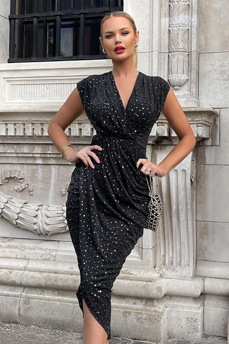 Black Glitter Wrap Draped Midi Dress