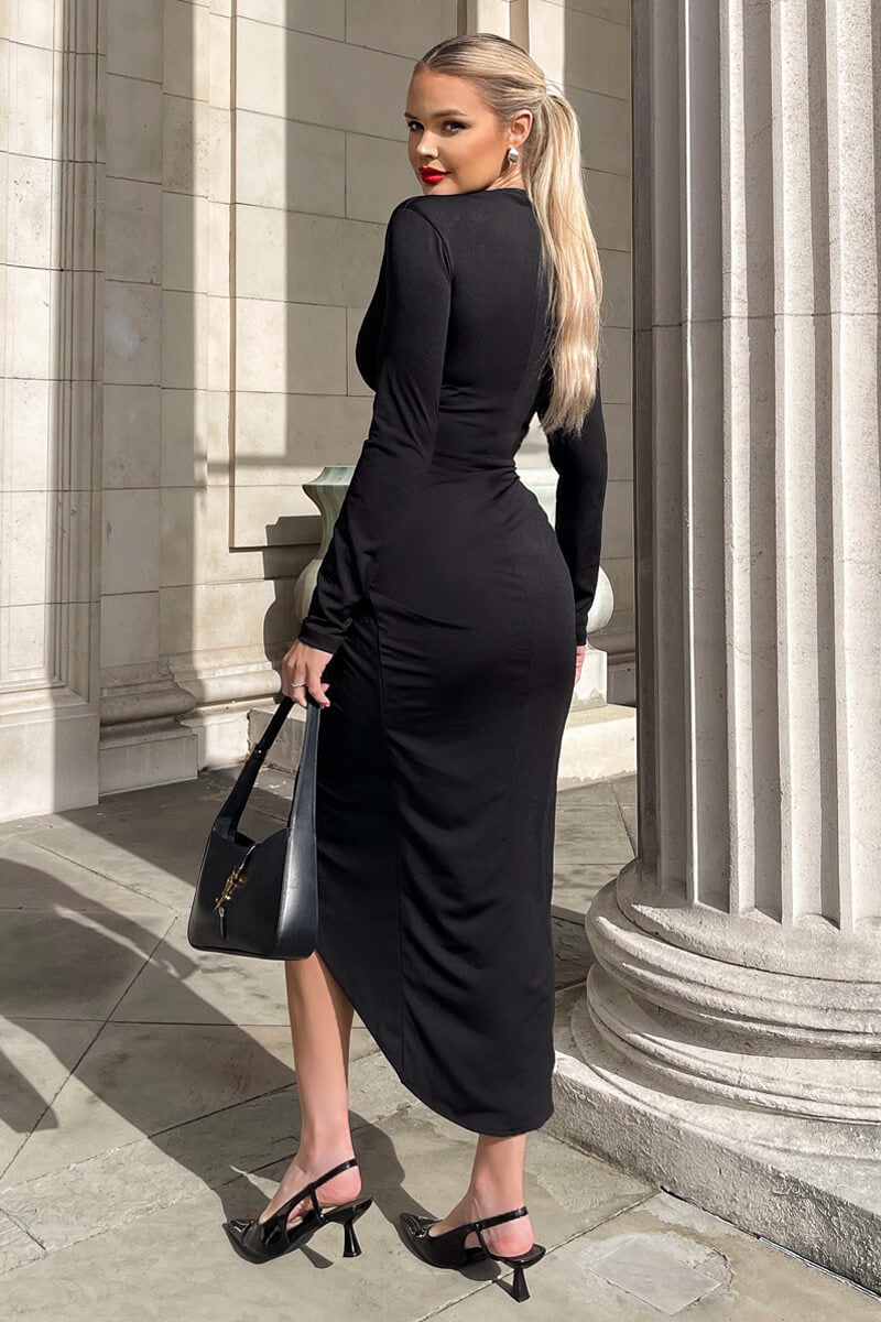 Black Long Sleeve Wrap Midi Dress