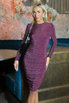 Plum Sparkly Long Sleeve Ruched Midi Bodycon Dress