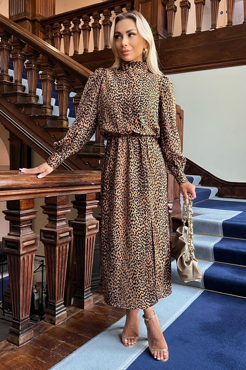 Camel Animal Print High Neck Long Sleeve Midi Dress