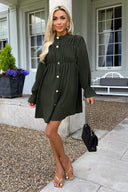 Olive Long Sleeve Gathered Detail Button Front Dress