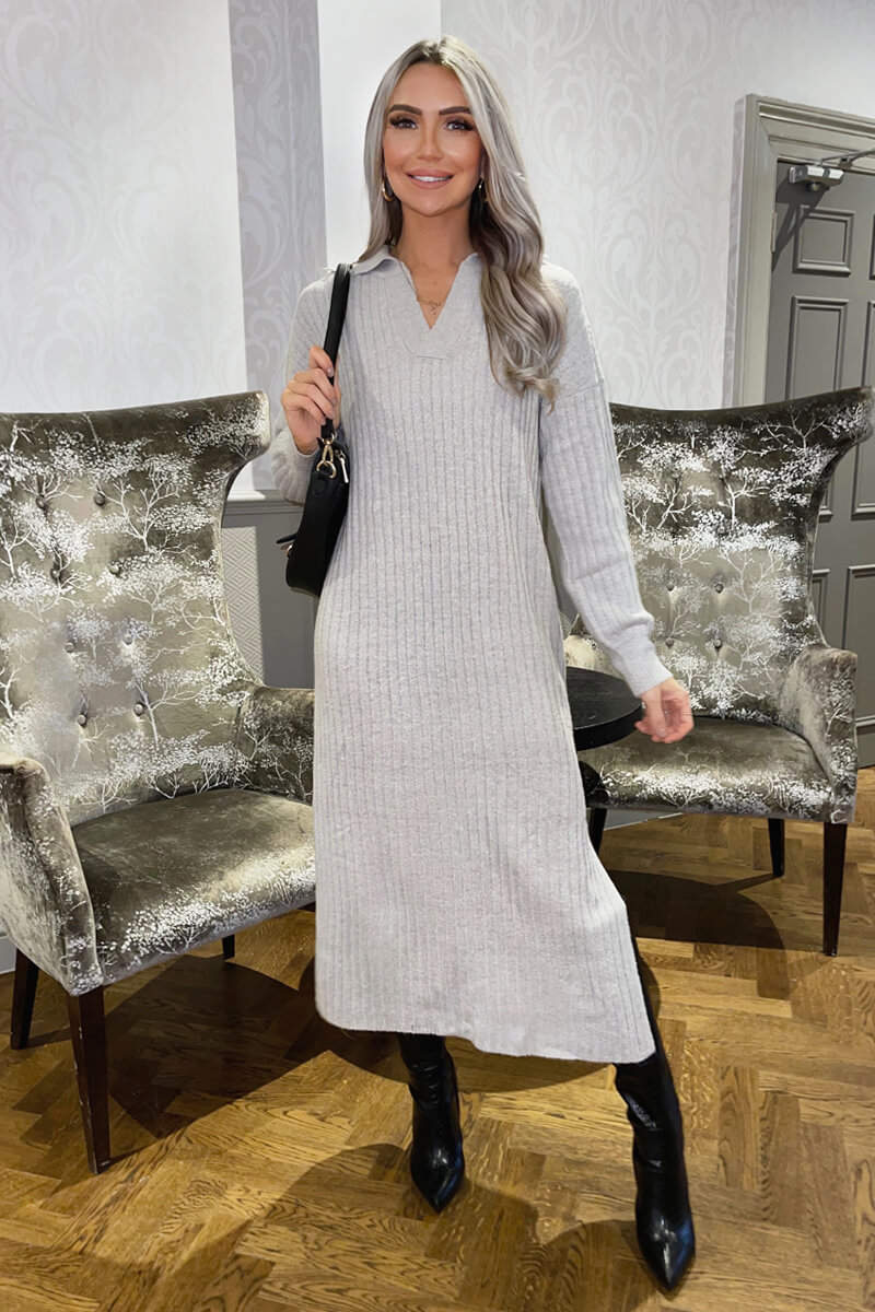 Grey Knit Long Sleeve Collared Midi Dress