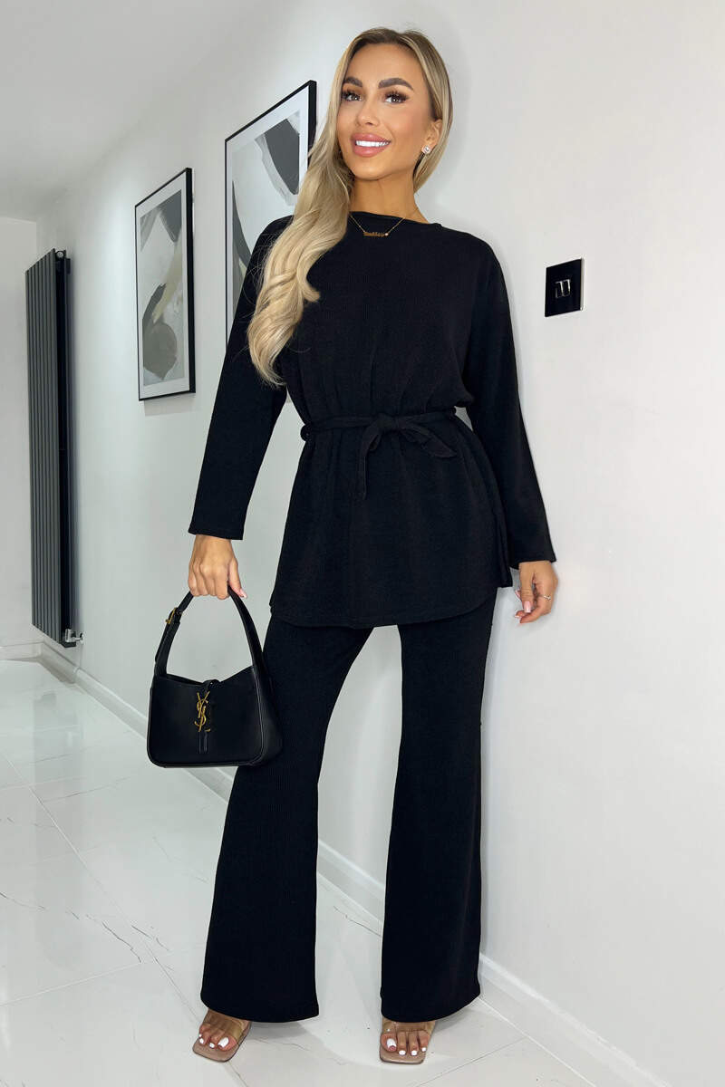 Black Ribbed Knit Long Sleeve Tie Waist Lounge Top