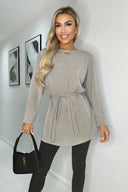 Oatmeal Ribbed Knit Long Sleeve Tie Waist Lounge Top