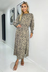 Beige Animal Print Long Sleeve Shirred Detail Midi Dress