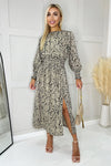 Beige Animal Print Long Sleeve Shirred Detail Midi Dress