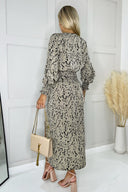 Beige Animal Print Long Sleeve Shirred Detail Midi Dress