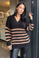 Black And Camel Stripe V-Neck Knit Jumper