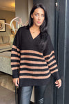 Black And Camel Stripe V-Neck Knit Jumper