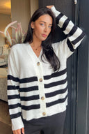 Cream And Black Stripe Knit Button Front Cardigan