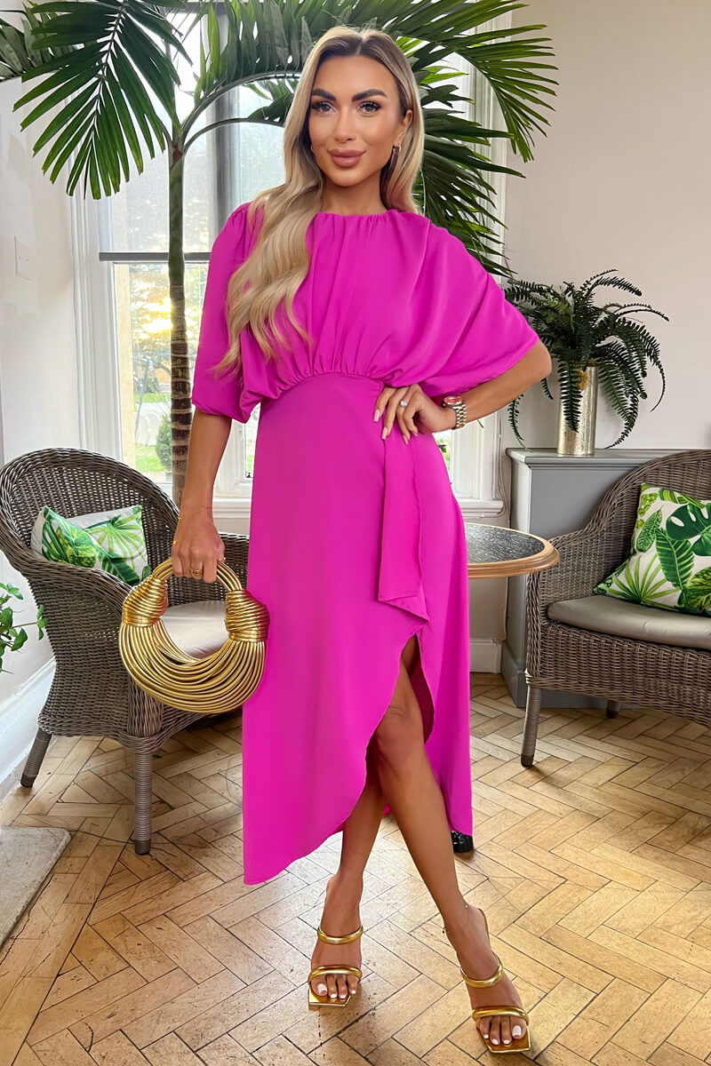 knee length dresses for ladies Hot Pink Batwing Top Wrap Skirt Midi Dress – AX Paris US