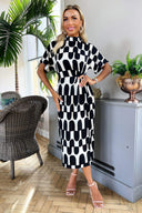 Black And Cream Abstract Print High Neck Wrap Skirt Midi Dress