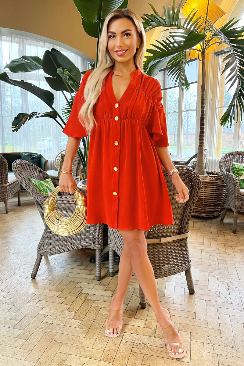 Burnt Orange Button Up Ruched Detail Smock Dress Burnt Orange Button Up Ruched Detail Smock Dress
