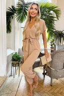 Stone V-Neck Short Sleeve Belted Elasticated Cuff Jumpsuit