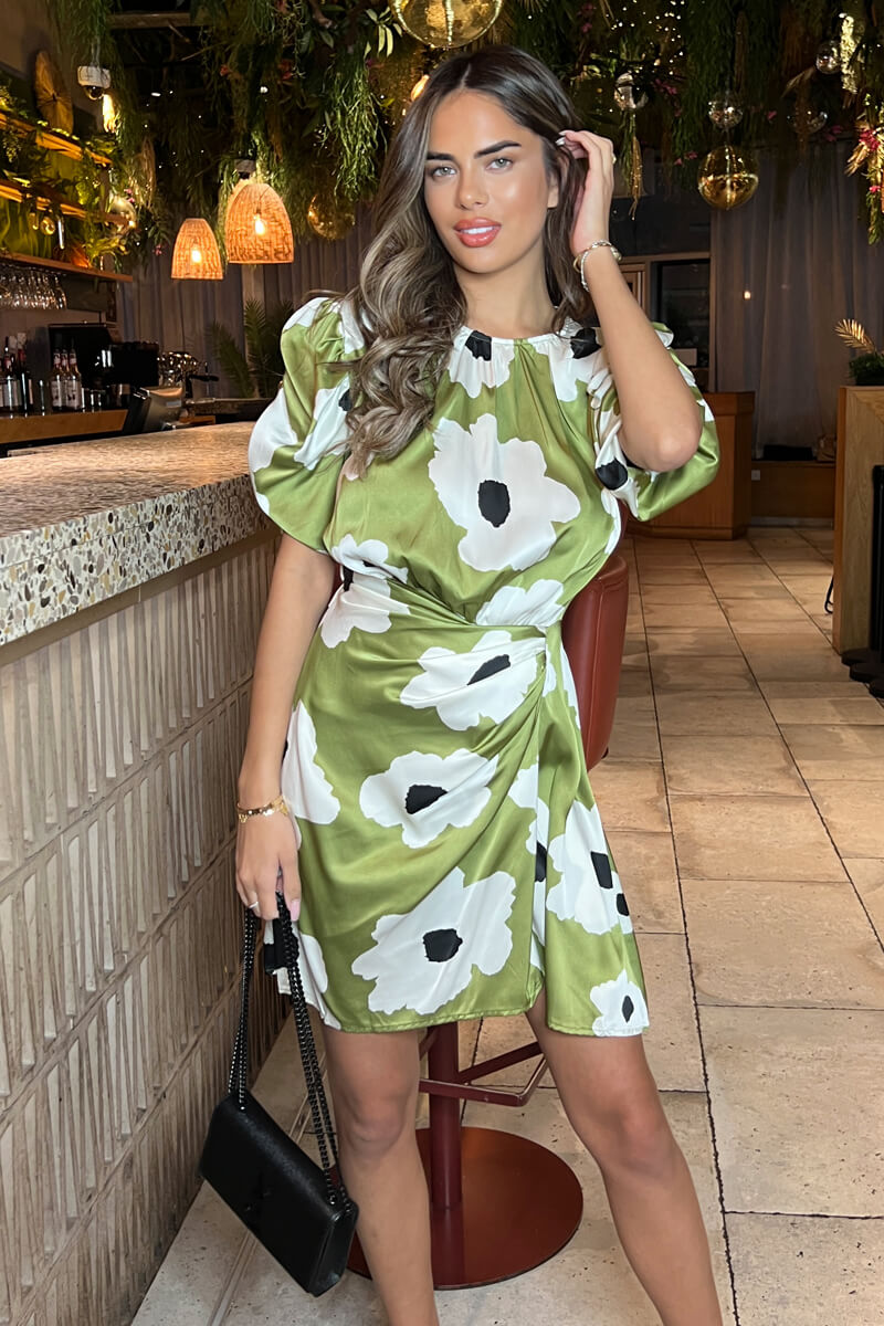 Olive Floral Printed Short Puff Sleeve Gathered Side Mini Dress