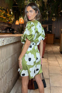 Olive Floral Printed Short Puff Sleeve Gathered Side Mini Dress