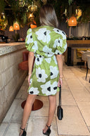 Olive Floral Printed Short Puff Sleeve Gathered Side Mini Dress