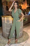 Khaki V-Neck Short Sleeve Belted Elasticated Cuff Jumpsuit