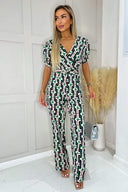 Green And Blue Geometric Multi Printed Wrap Top Belted Jumpsuit