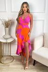 Pink And Orange Floral Printed Wrap Over Strappy Midi Dress